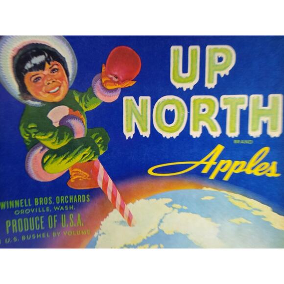 Up North Apples Crate Label Child Climbs The North Pole Original Vintage 1950's - Picture 3 of 4